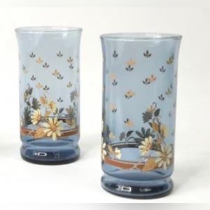 Vintage Libbey Franco Glass Tumblers Bolero Dusky Blue Daisy Flower Set Of 6
